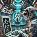 Wnętrze stacji kosmicznej, kosmonautę w skafandrze. Na pierwszym planie inny astronauta pracujący przy komputerze.