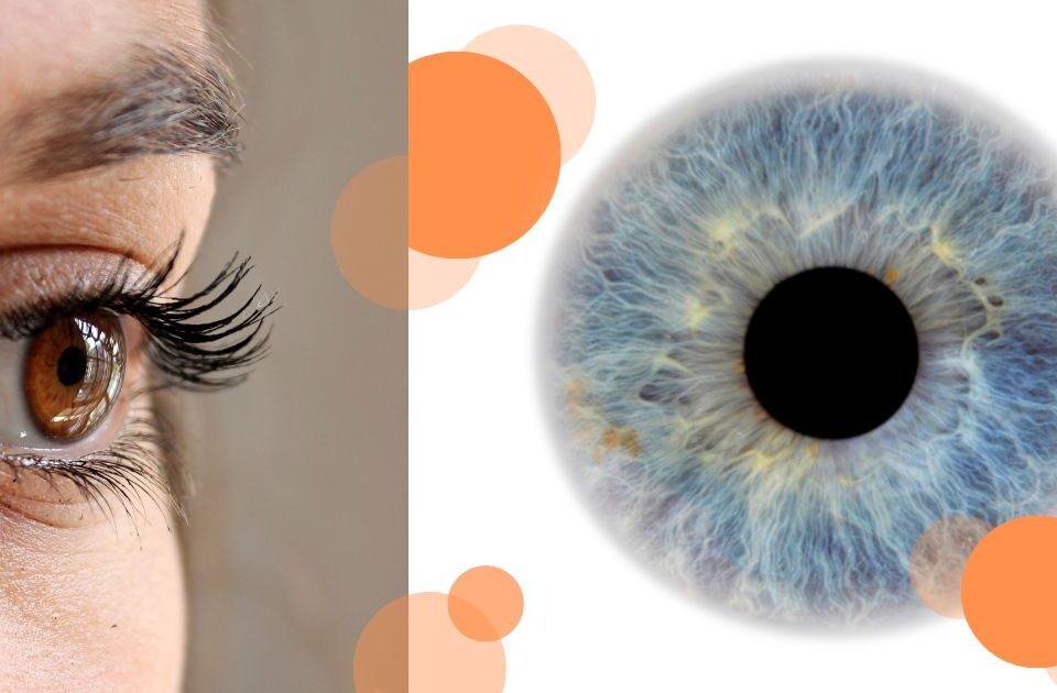 Kawałek kobiecej twarzy w zbliżeniu na oko, a w drugiej części detaliczną grafikę źrenicy.