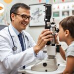 Okulista bada wzrok małego chłopca na specjalistycznym sprzęcie. W tle dziecięcy gabinet okulistyczny.