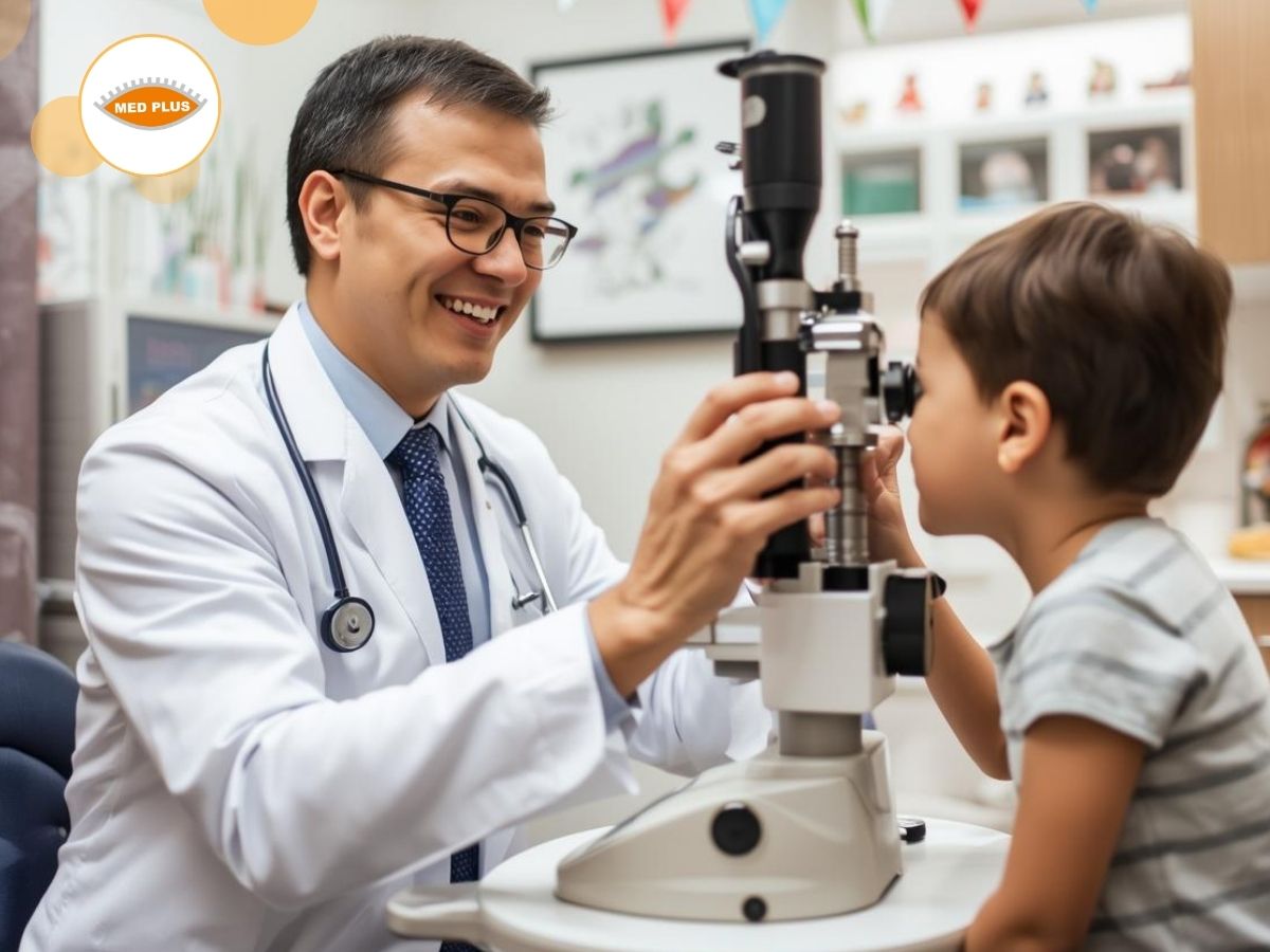 Okulista bada wzrok małego chłopca na specjalistycznym sprzęcie. W tle dziecięcy gabinet okulistyczny.