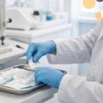 Okulista w białym fartuchu i niebieskich rękawiczkach przygotowuje sterylne materiały na metalowej tacy. Pacjent siedzi przy lampie szczelinowej w jasnym gabinecie okulistycznym.