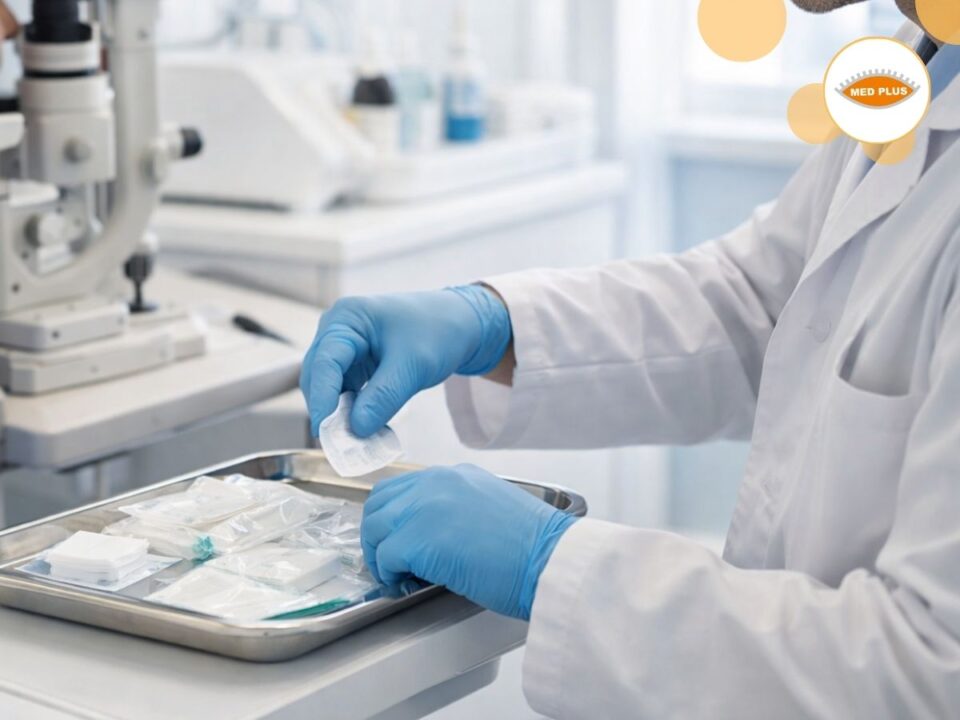 Okulista w białym fartuchu i niebieskich rękawiczkach przygotowuje sterylne materiały na metalowej tacy. Pacjent siedzi przy lampie szczelinowej w jasnym gabinecie okulistycznym.